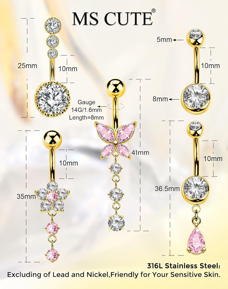 MS CUTE 5PCS Belly Button Rings for Women 14G Dangle Navel Piercing Jewelry Set Surgical Stainless Steel Body Jewelry with CZ Butterfly Flower Teardrop Barbell for Beach Festival Daily - Image 4